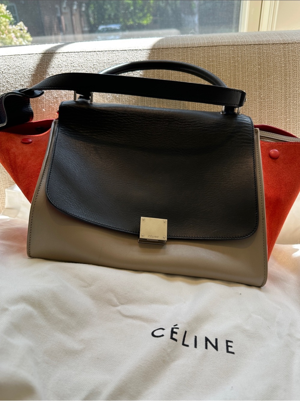 Authentic Celine Tricolor M Leather & Suede Trapeze Bag Blk, Taupe & Orange